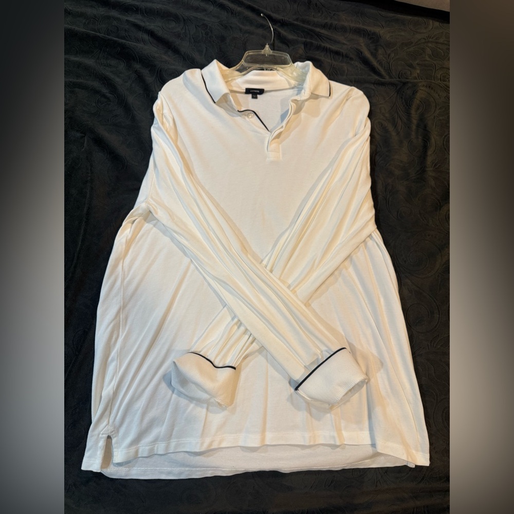 White Express cotton long sleeve shirt with blue trim #Express.